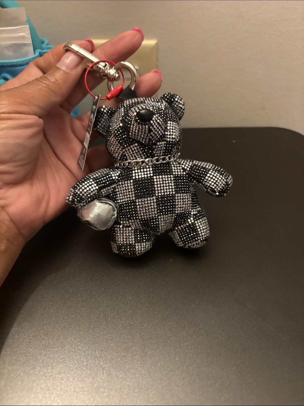 Sprayground Black & Silver Checkered Crystal Bear Keychain